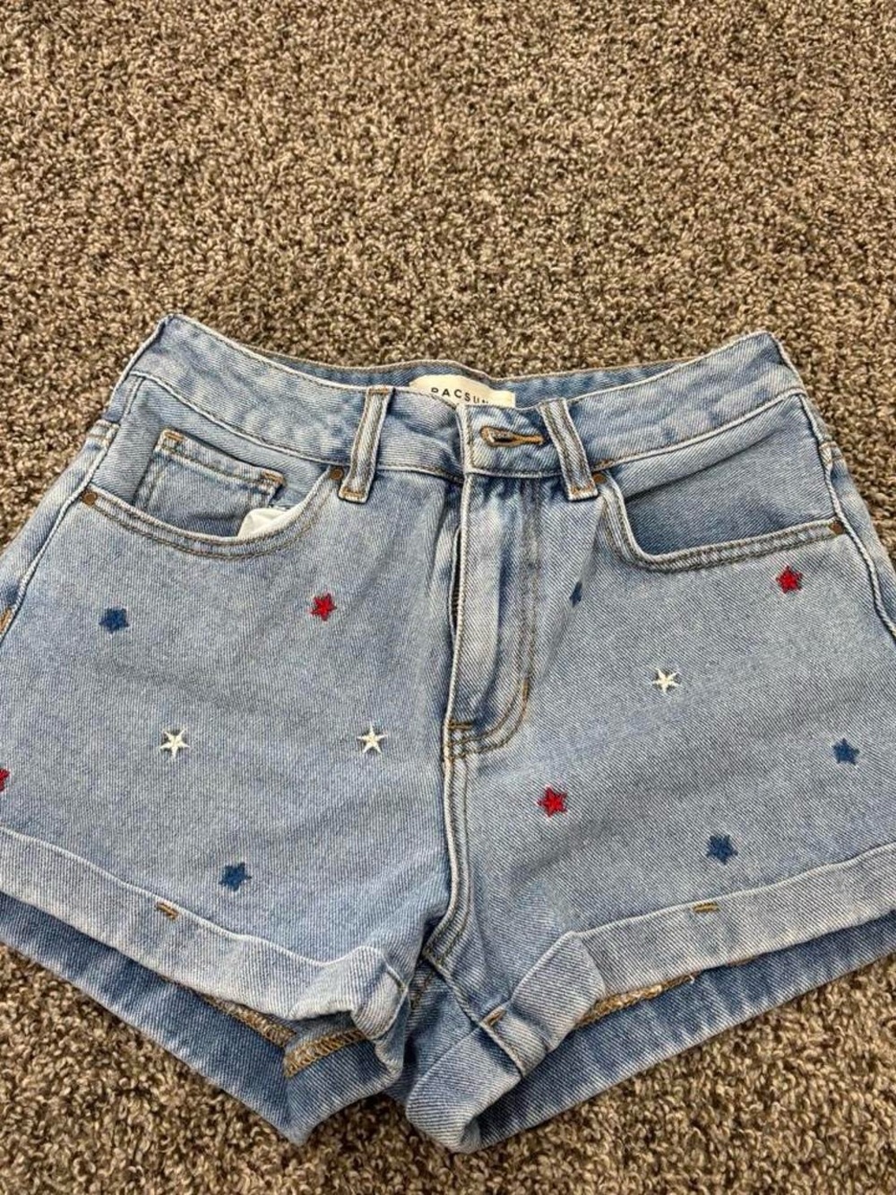 PacSun Light Blue Denim Shorts with Red, Navy & White Star Embroidery